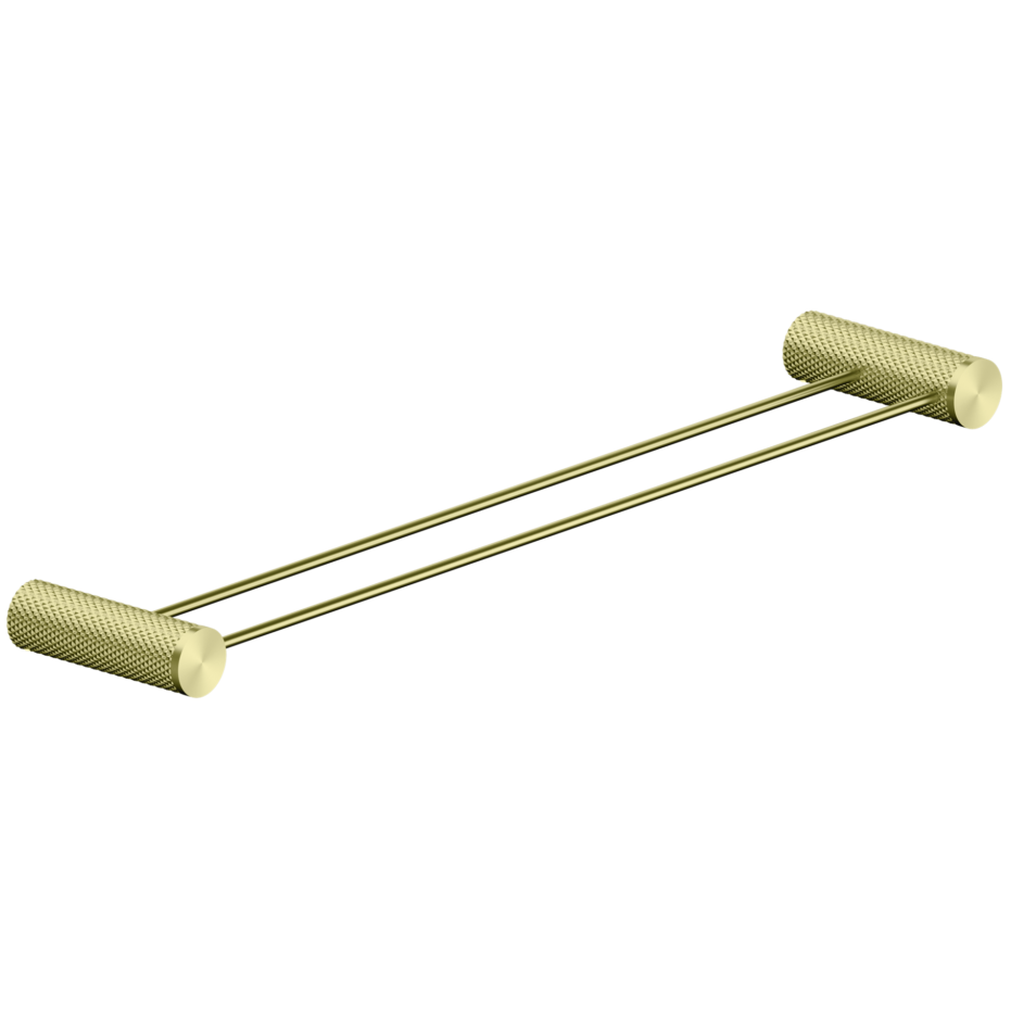 A 800mm brushed gold double towel rail with a knurled design, part of Nero's product range.