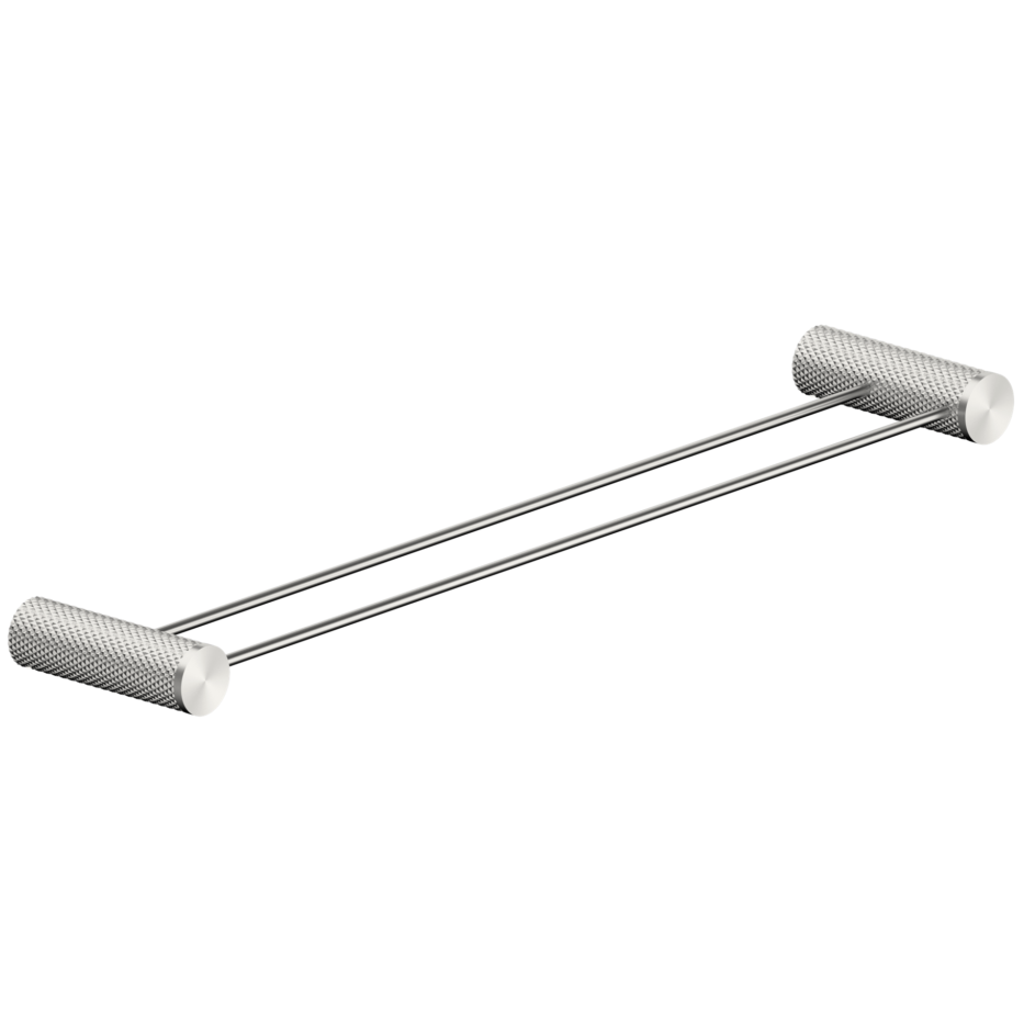 A 800mm brushed nickel double towel rail with a curved design and a central attachment point.