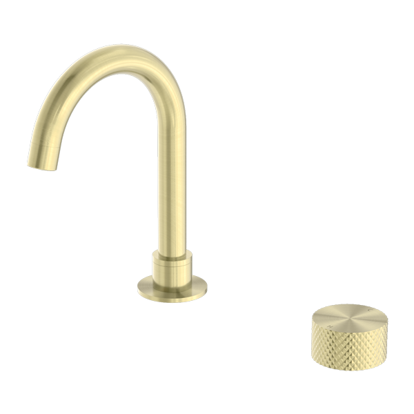 A brushed gold basin mixer set with a swivel spout and a knurled handle.