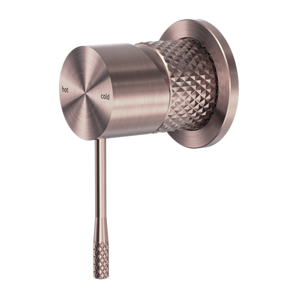 A brushed bronze shower mixer with a knurled detail on the pin handle and a textured bronze base.
