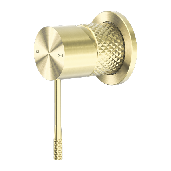 A brushed gold shower mixer with a knurled detail on the pin handle and a textured gold base.