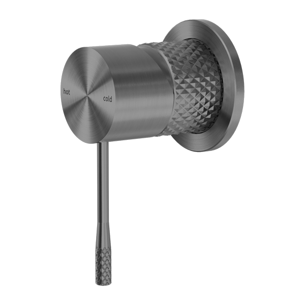 A silver-colored Nero Opal shower mixer with a knurled spout and a sleek, modern design.