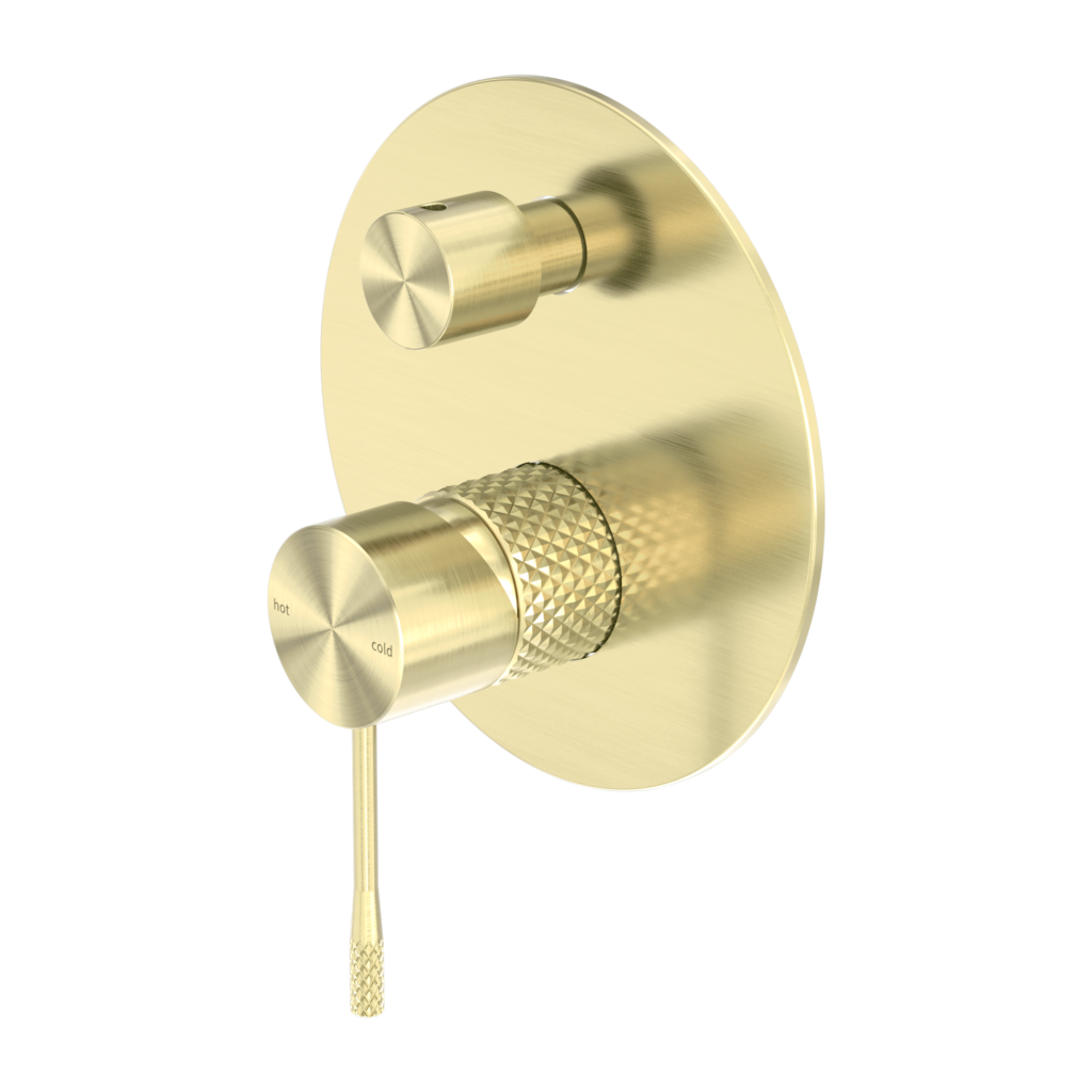 Brushed gold shower mixer with diverter, featuring a round, flat backplate with knurling and two diverting knob.