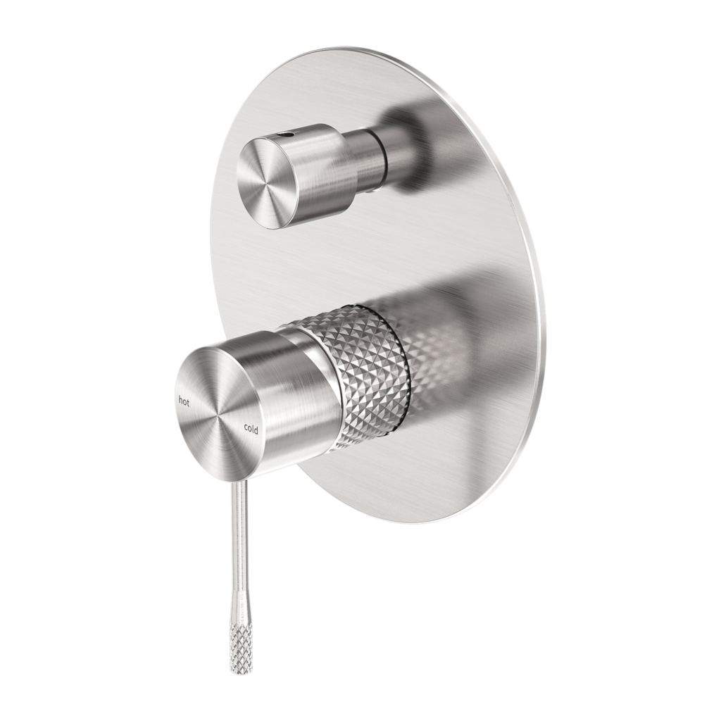 Brushed nickel shower mixer with diverter, featuring a round, flat backplate with beautiful knurling and a modern design.