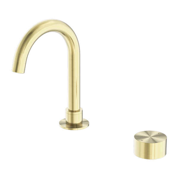 A bench basin mixer set with a brushed gold finish, featuring a single lever handle and a swivel spout.