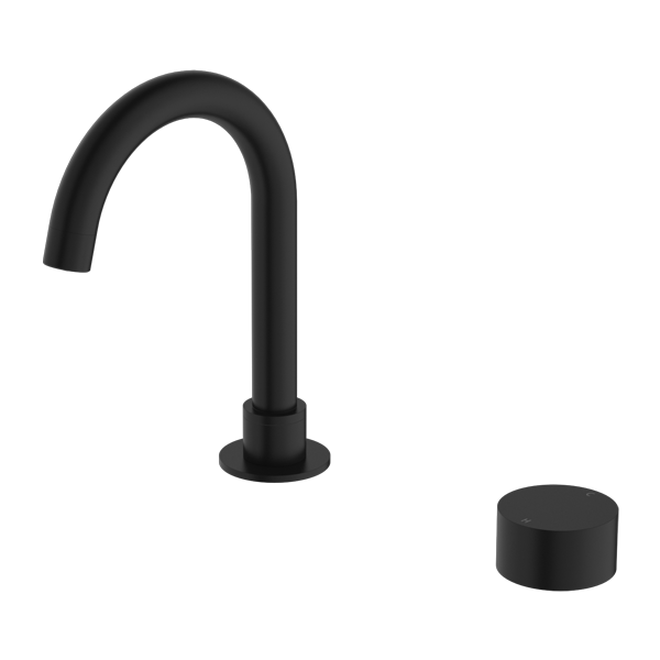 A matte black basin tap set with a single round mixer handle and a swivel spout, designed for use in a bench or basin setting.