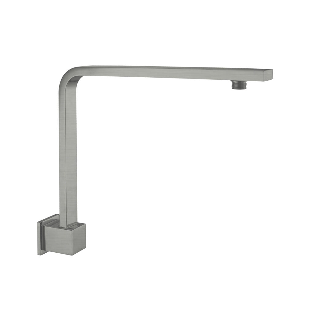 Gun metal square swivel shower arm, with a simple curved design, mounted on a square base.