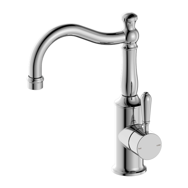 A silver basin mixer tap with a chrome finish and a traditional design, featuring a long spout and two handle options.
