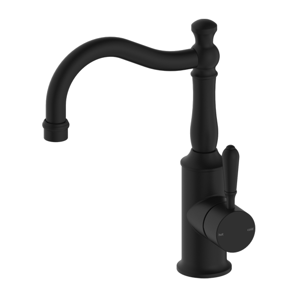 Matte Black basin mixer tap with a single lever handle and a hook spout, from the Nero York range.