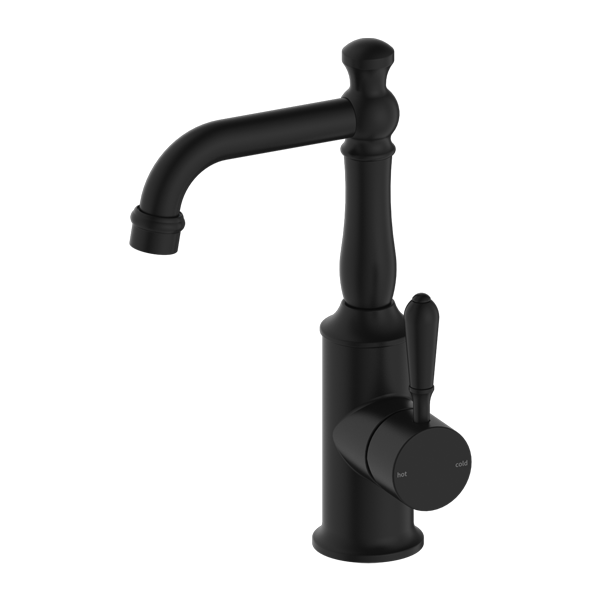 A matte black basin mixer with a single lever handle, from the Nero York range.