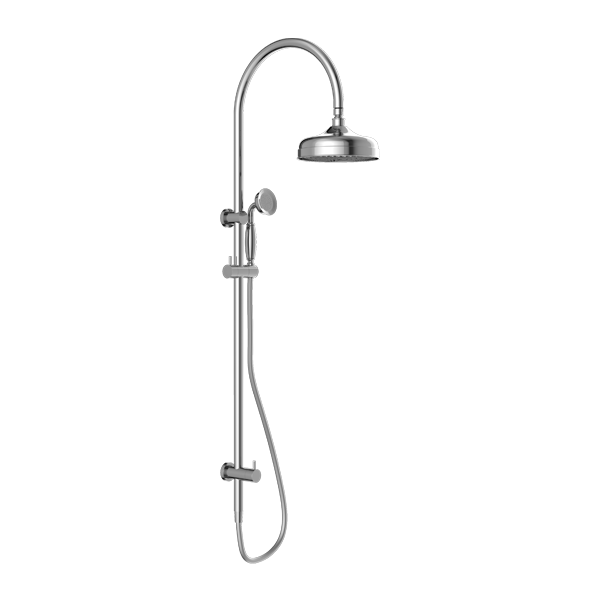 A chrome combination shower with a large overhead shower head and a smaller handheld shower head, both with a traditional design.