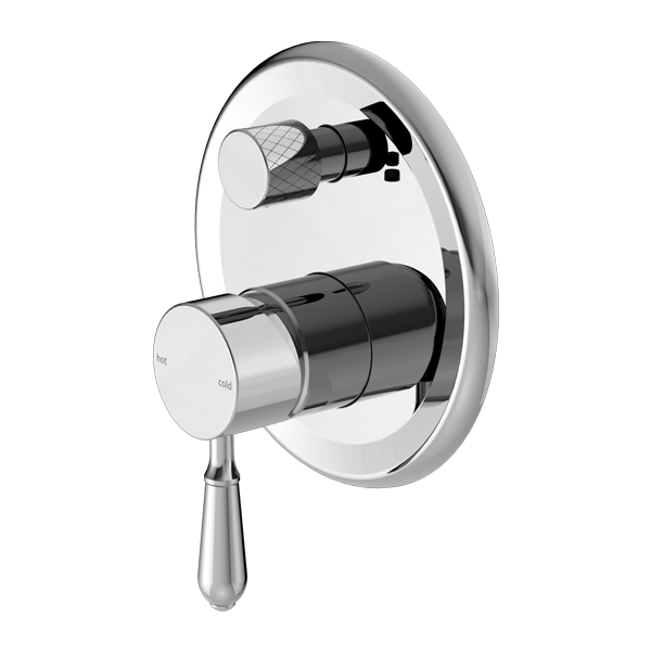 A chrome-finished Nero York shower mixer with diverter, featuring a large shower head and a smaller push button diverter.