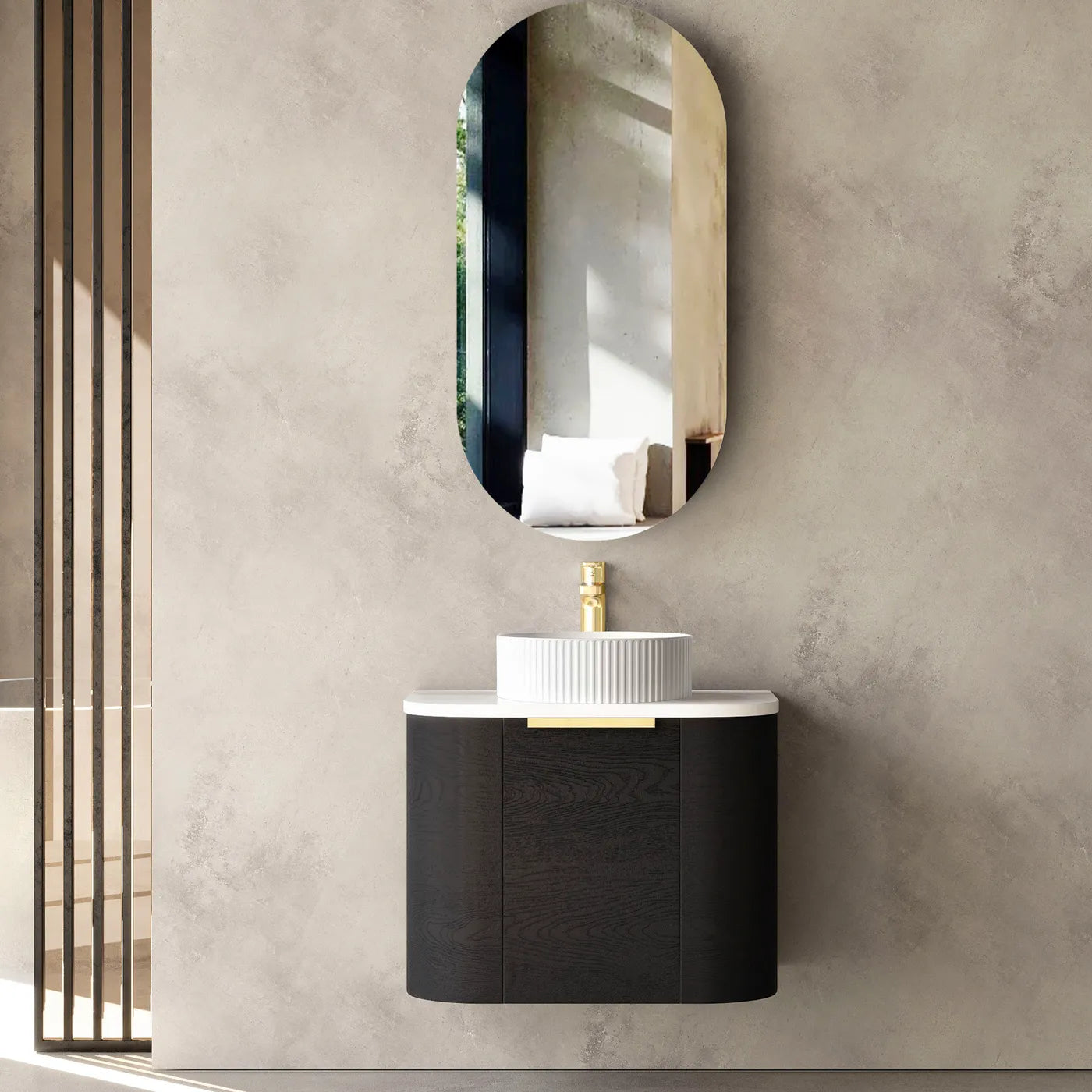 Black Oak Curve Wall Hung Vanity 600mm with Soft Close Drawers