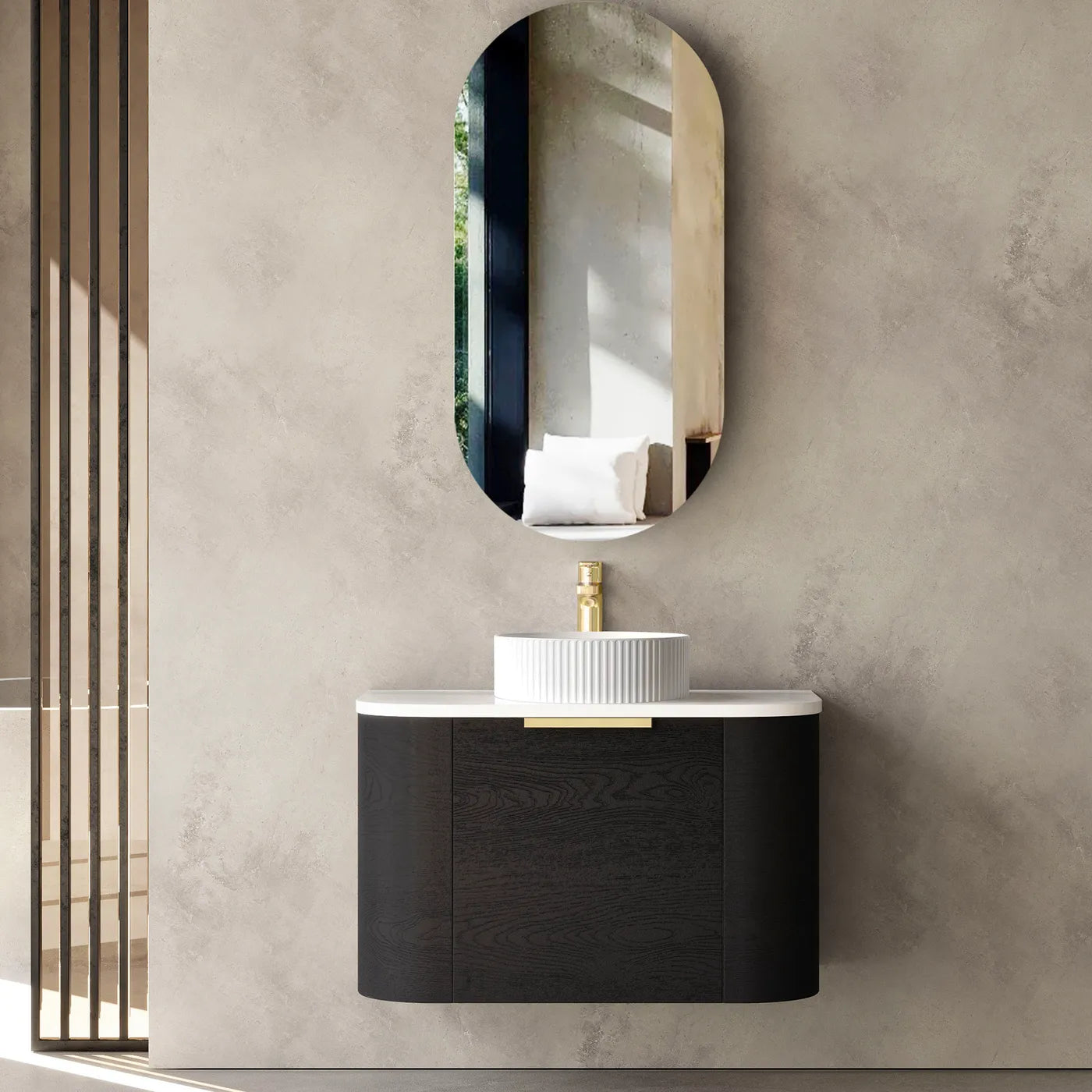 750mm Black Oak Curve Wall Hung Vanity with soft close drawers