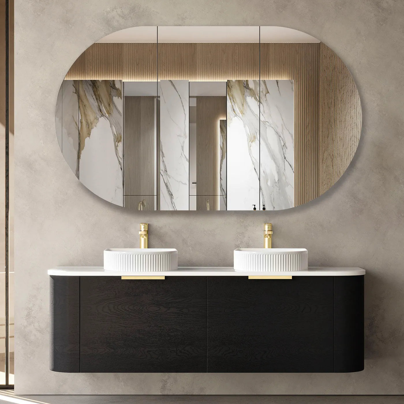 Double Soft Closing Drawers Black Oak Curve Wall Hung Vanity 1500mm