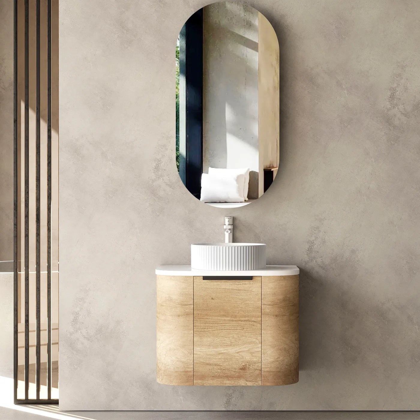 600mm Natural Oak Curve Wall Hung Vanity with Self closing Drawers