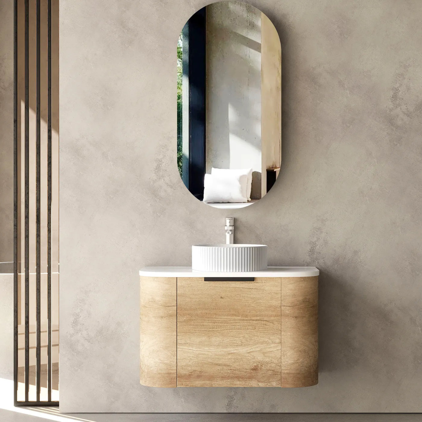 Natural Oak Curve Wall Hung Vanity 750mm with soft Close Drawers