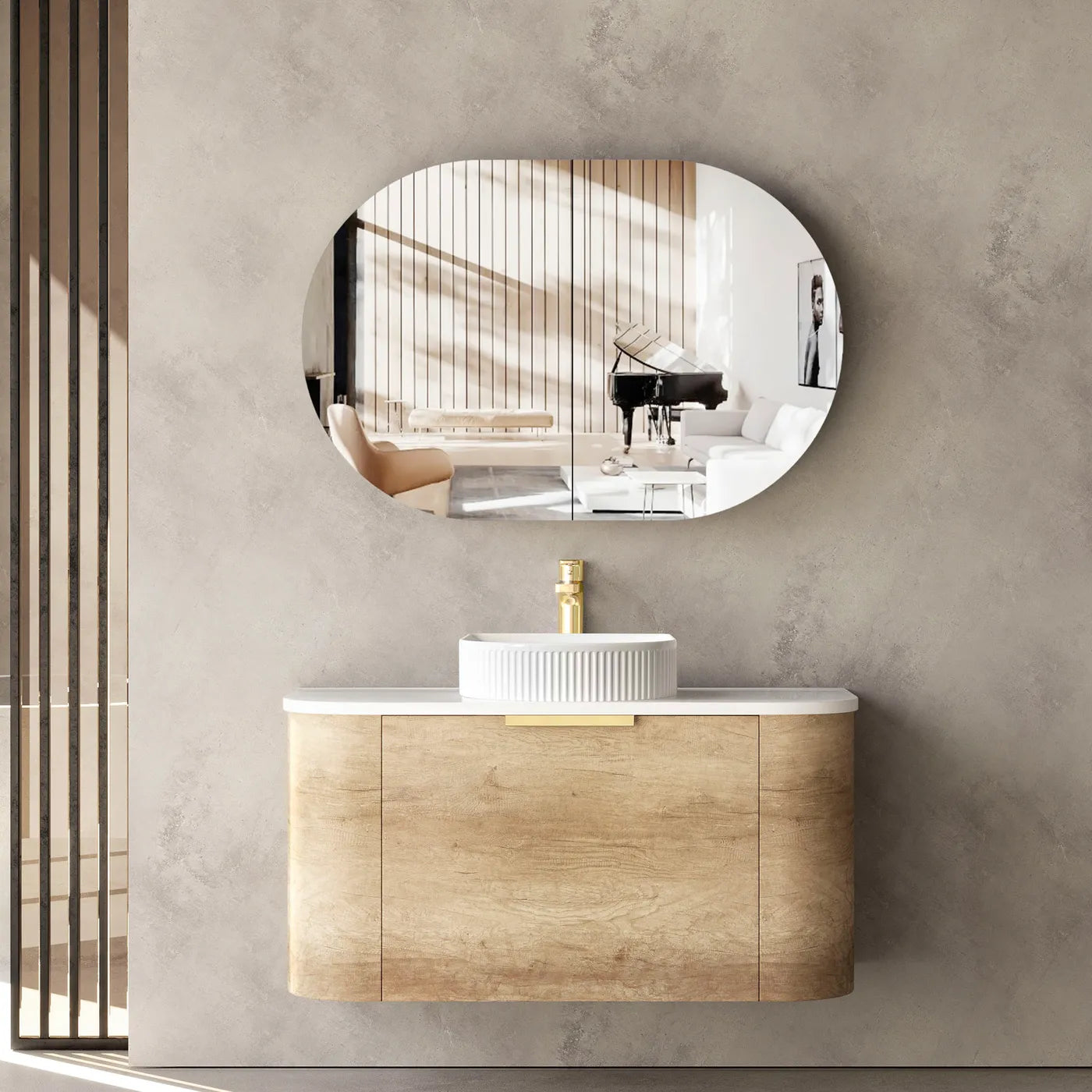 Natural Oak Curve Wall Hung Vanity 900mm with Soft Close Drawers