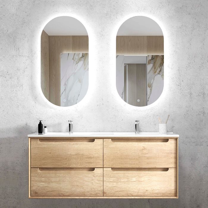 1200mm Natural Oak Double Wall Hung or Freestanding Vanity with finger pull Soft Closing Drawers