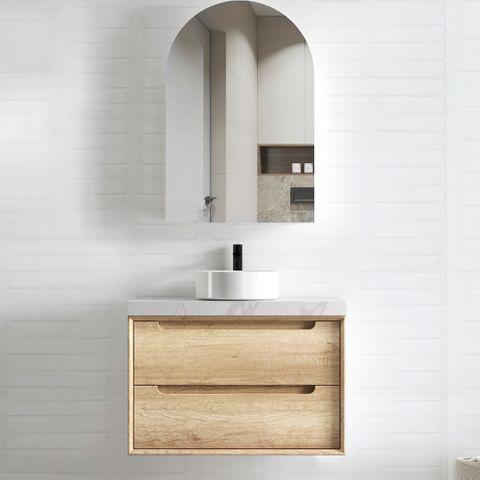 Free Standing or Wall Hung Vanity Soft Close Finger Pull Drawers Natural Oak 750mm