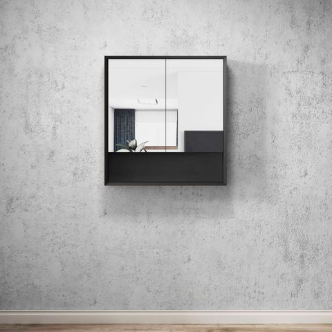 With shelf matte black 900mm shaving mirror cabinet