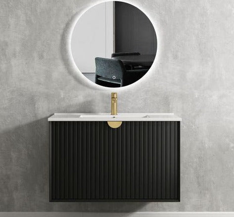 Fluted 900mm Matte Black Wall Hung or Free Standing Vanity with Soft Close Drawers