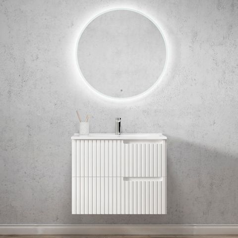 Fluted Matte White Wall Hung or Freestanding Vanity 750mm with Soft Close Finger Pull Drawers