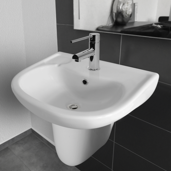 wall hung care bathroom basin with shroud and overflow