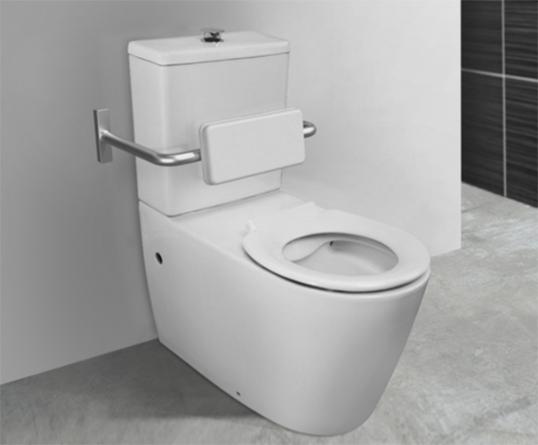 A white toilet suite with a raised seat and metal support arm, designed for accessibility and comfort.