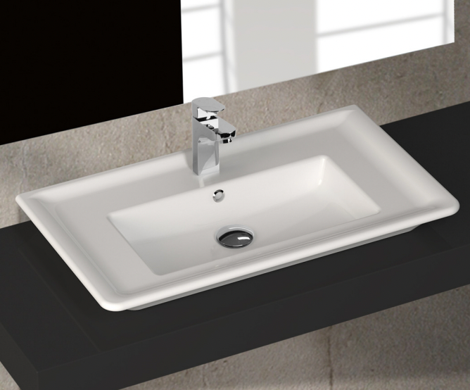 slimline wall or bench mount bathroom vanity basin gloss white with tap hole