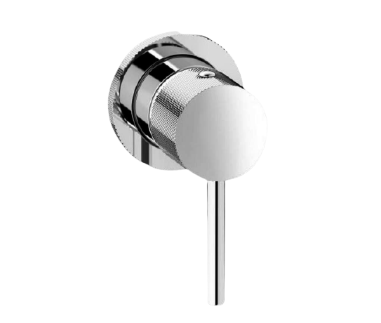 An industrial shower/bath mixer with a chrome finish and a round handle.