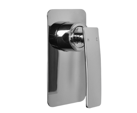 A chrome shower/bath mixer with a sleek design, featuring a single lever