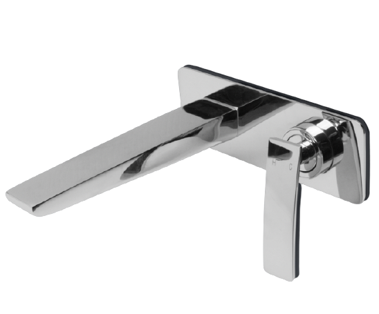 A silver-colored wall basin mixer set with a sleek, modern design.
