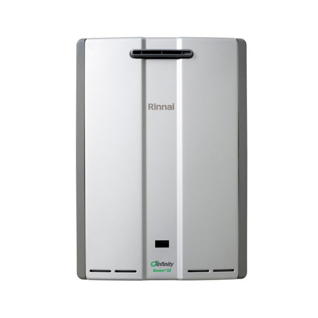 A silver Rinnai Infinity Enviro 32L continuous flow natural gas hot water unit.