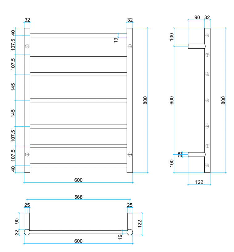 Thermogroup 7 Bar Round Thermorail Gun Metal Round Heated Towel Rail 800x600mm