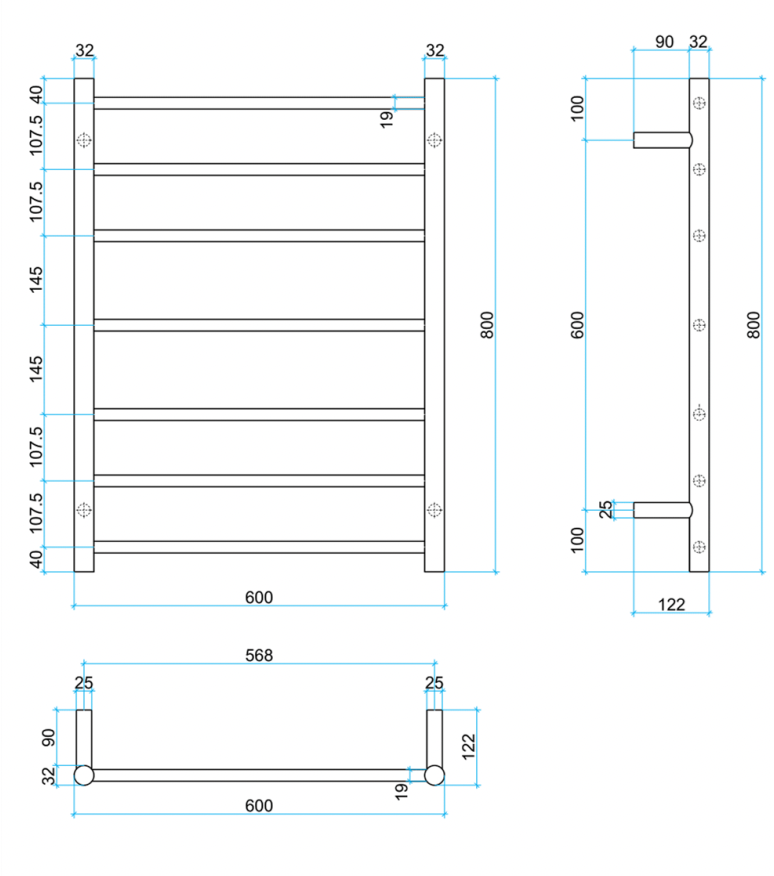 Thermogroup 7 Bar Thermorail Brushed Stainless Steel Round Heated Towel Rail 800x600mm