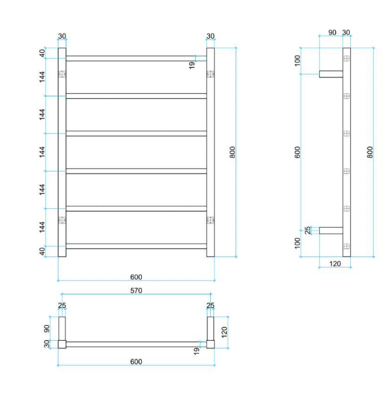 Thermogroup 6 Bar Thermorail Matte Black Square Heated Towel Rail 800x600mm