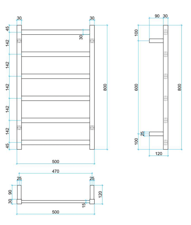 Thermogroup 6 Bar Thermorail Straight Square Heated Towel Ladder Polished Stainless Steel 800x500mm