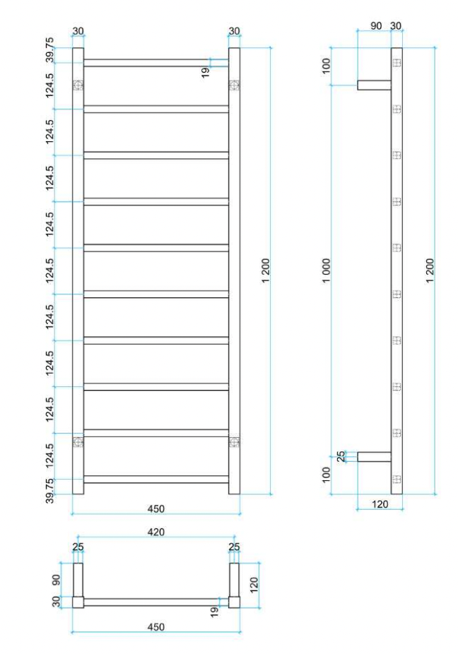 Thermogroup 10 Bar Straight Square ladder Heated Towel Rail Polished Stainless Steel 1200x450mm