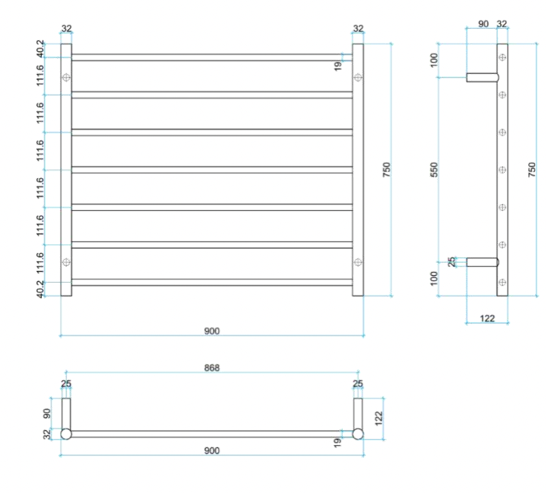 Thermogroup 7 Bar Thermorail Heated Polished Stainless Steel Ladder 900x750mm