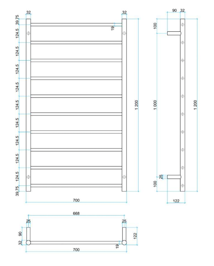 Thermogroup 10 Bar Round Heated Towel Ladder Brushed Brass 1200x700mmm