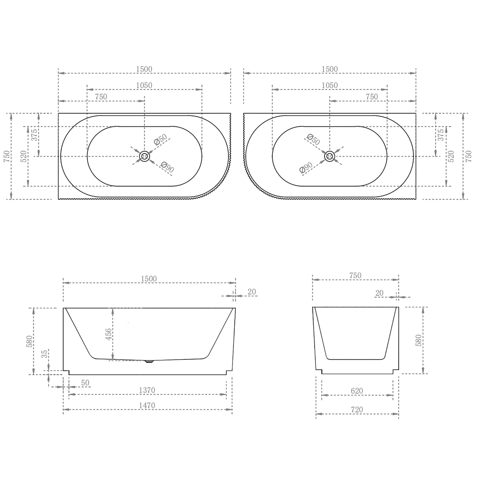 Donii Verona Corner Bath Matte White 1500/1700