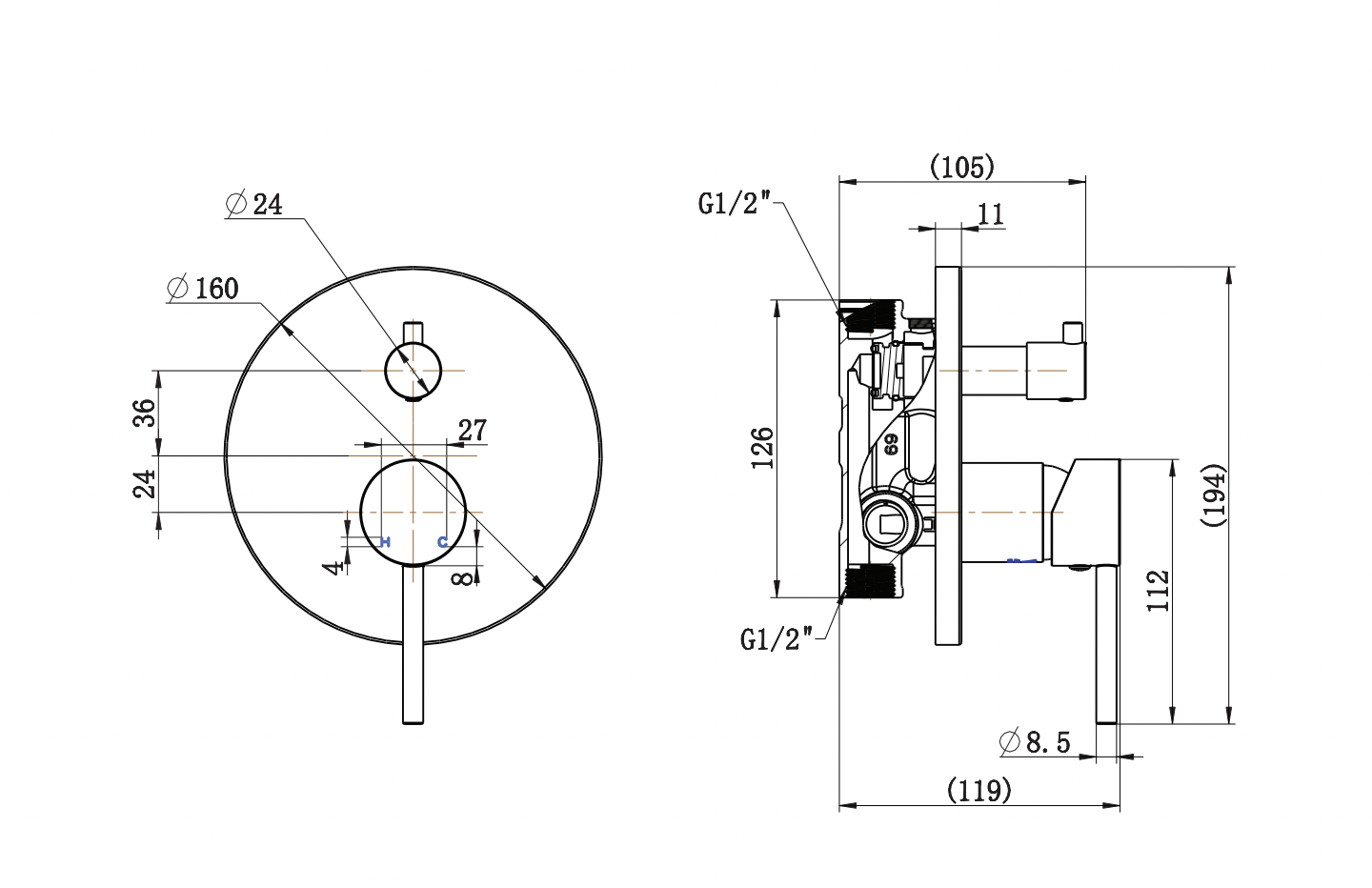 ADP Bloom Wall Mixer With Diverter Light Brushed Brass