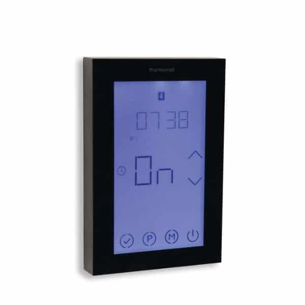 A digital touch screen thermostat with a black frame and a display showing the time and settings.