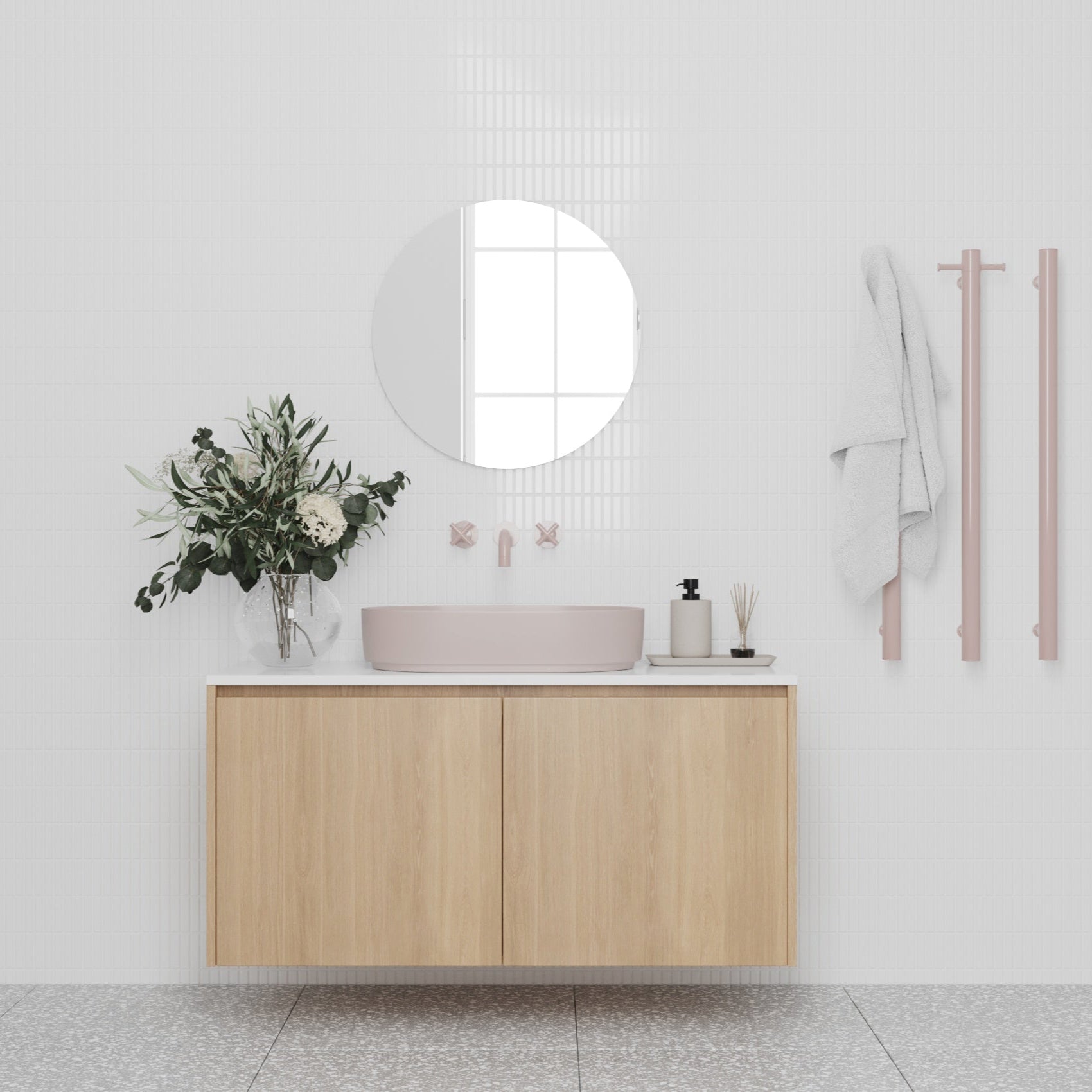 Thermogroup Straight Round Vertical Single Heated Towel Rail Dusty Pink