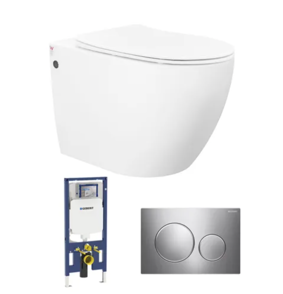 A wall hung toilet pan with concealed cistern and dual flush buttons, in a silver color, from the Geberit brand.