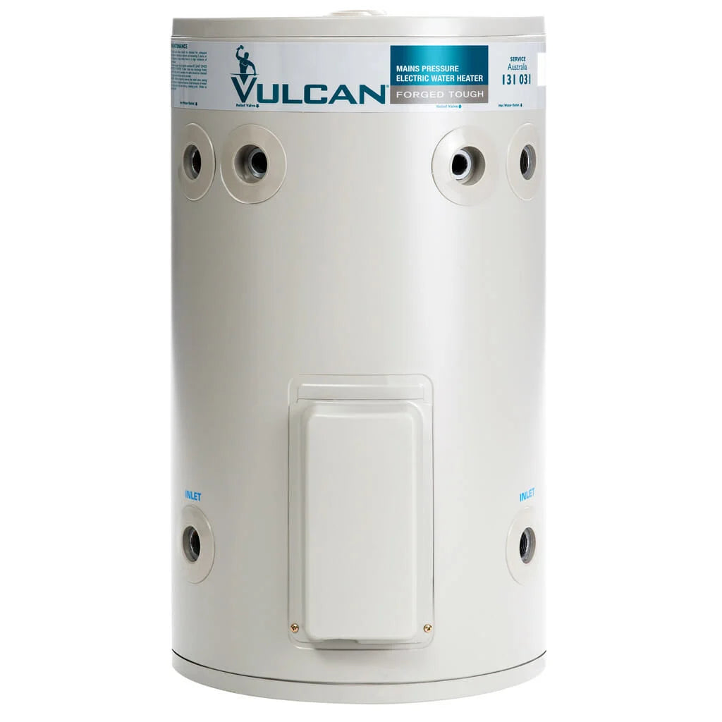 A white Vulcan 50L electric hot water heater with a digital display and multiple connection points.