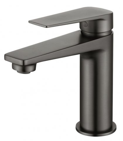 A contemporary gun metal basin mixer tap with a sleek design, featuring a single lever and a high-rise spout.