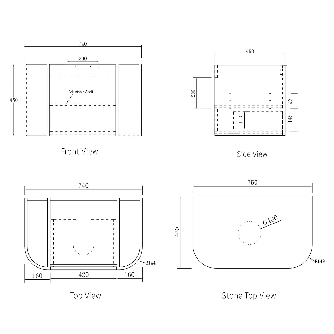 Otti Bondi Black Oak Curve Wall Hung Vanity 750mm