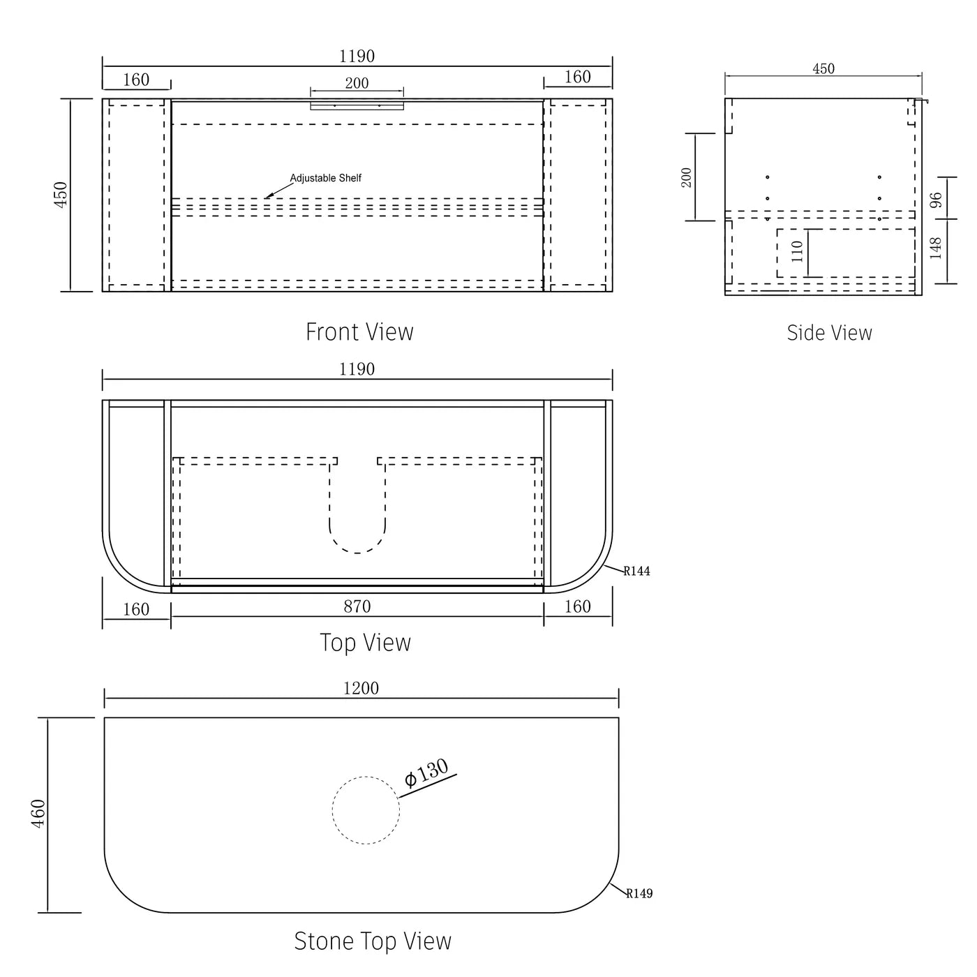 Otti Bondi Black Oak Curve Wall Hung Vanity 1200mm